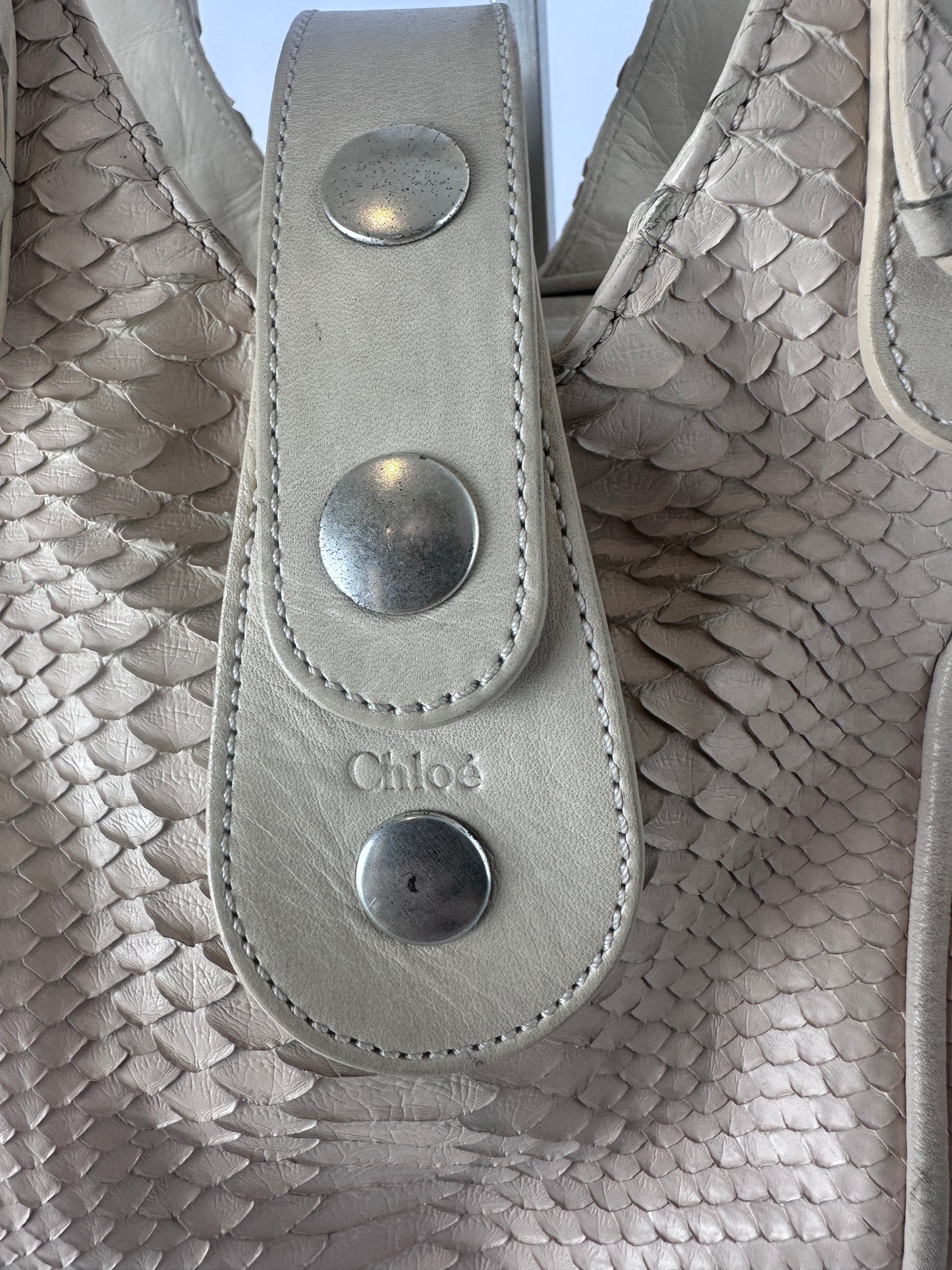 Close-up of a light beige textured handbag strap with silver-tone studs and an embossed 'Chloé' logo, set against a matching snakeskin-patterned bag body.