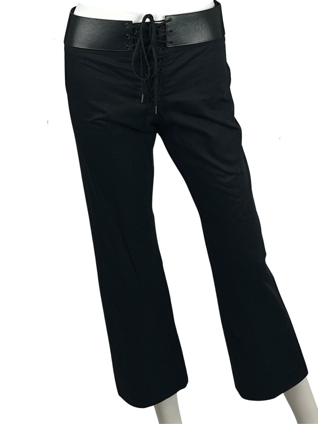 Black pants with a leather waistband on a white background
