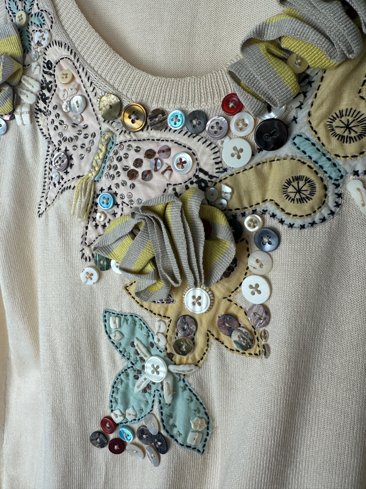 Close-up of decorative fabric with buttons and embroidery on a beige background