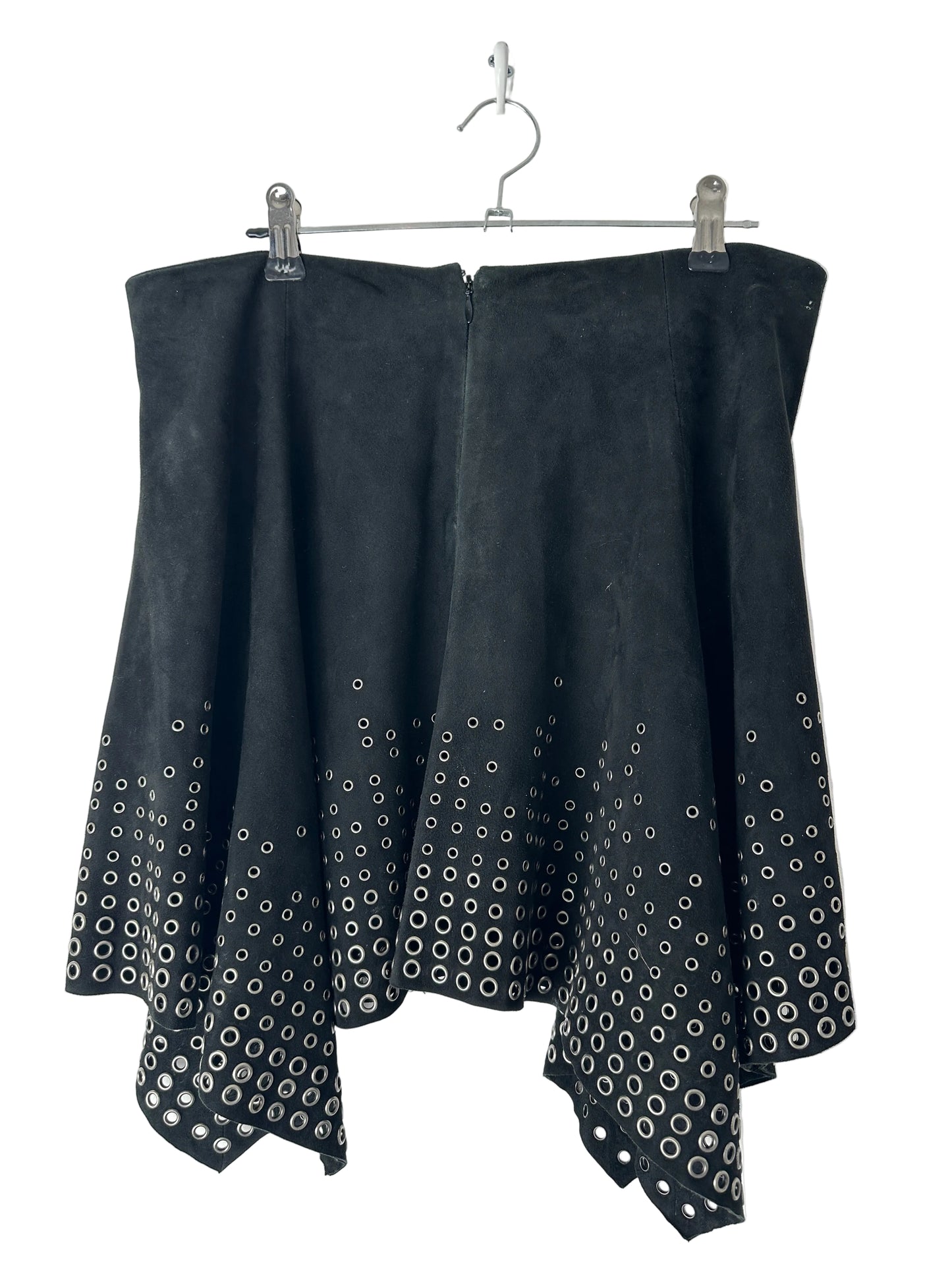 Black leather skirt with cut-out pattern on a white background