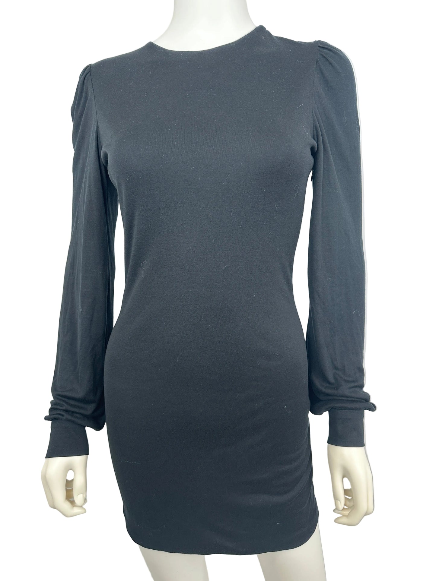 Black long-sleeve dress on a mannequin against a white background