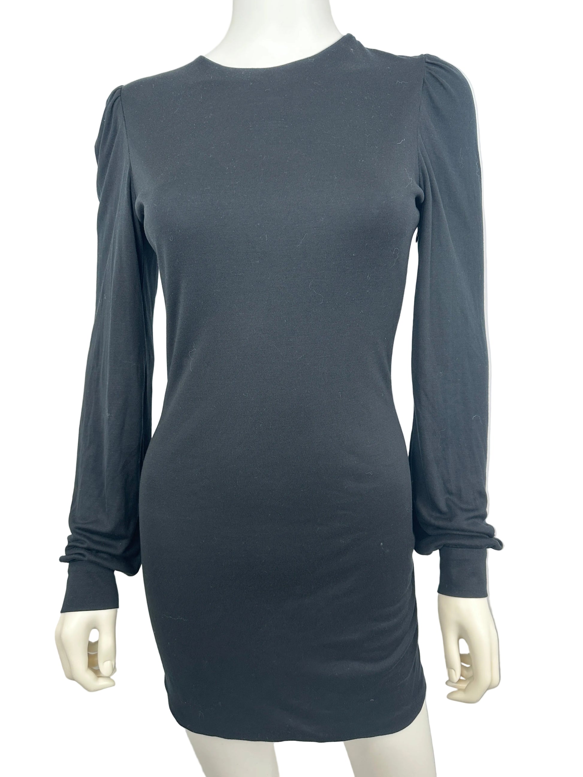 Black long-sleeve dress on a mannequin against a white background