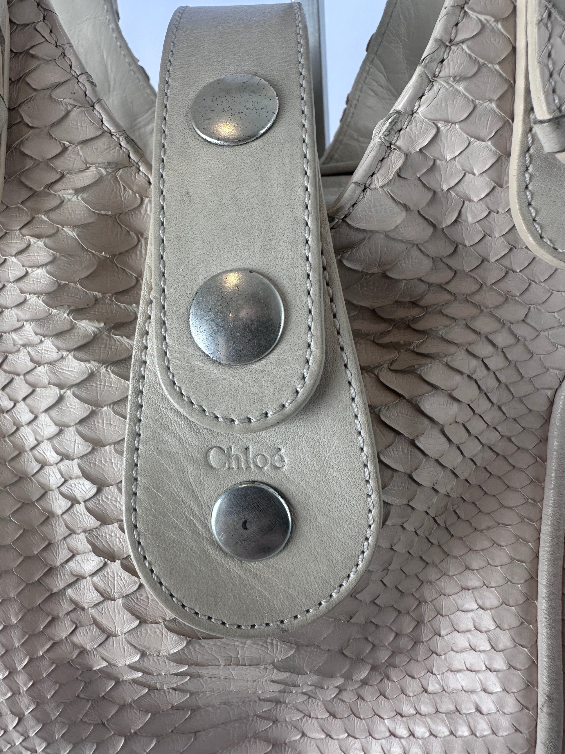 Close-up of a light beige textured handbag strap with silver-tone studs and an embossed 'Chloé' logo, set against a matching snakeskin-patterned bag body.