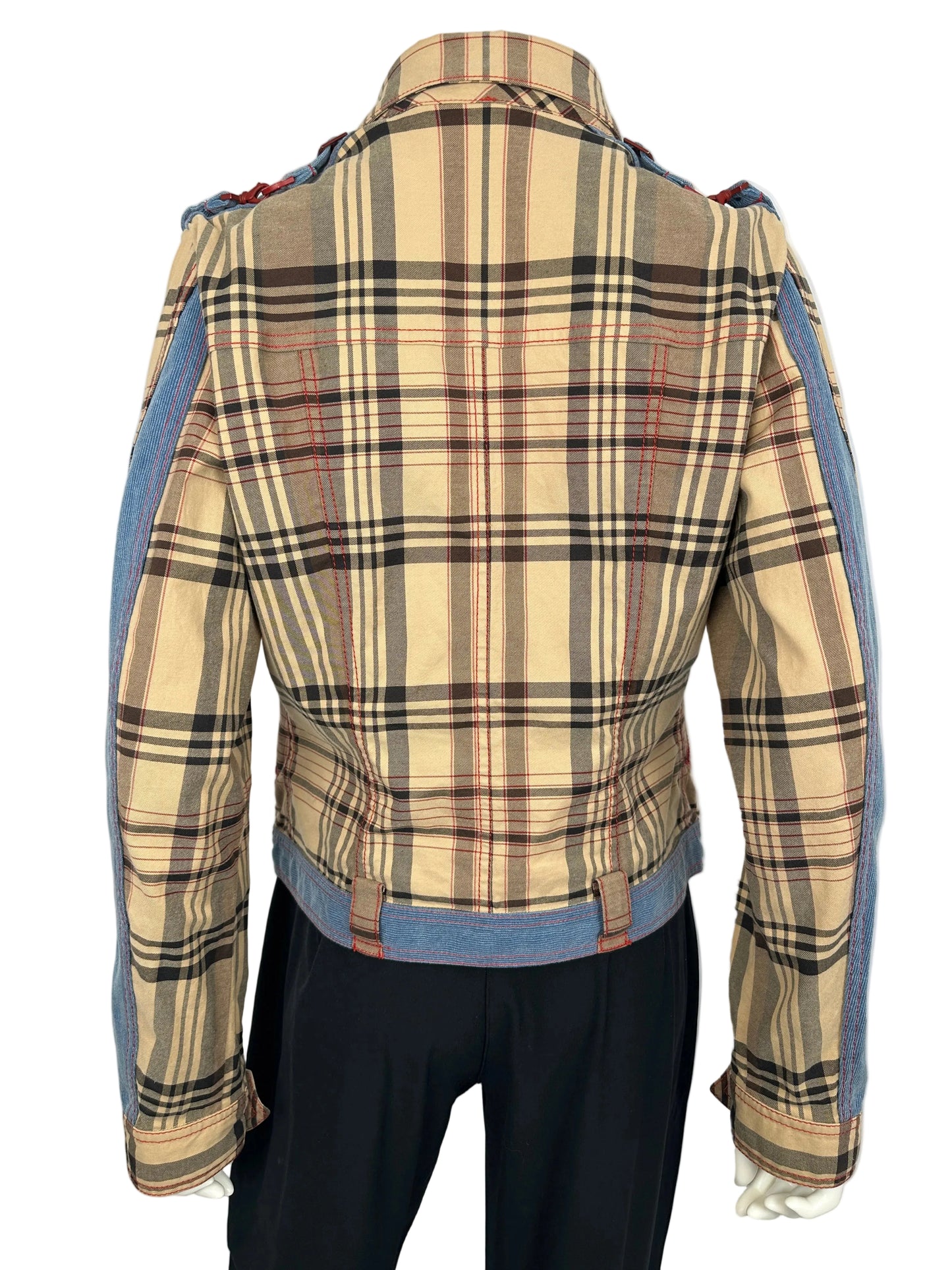 Plaid and denim trucker jacket on a mannequin