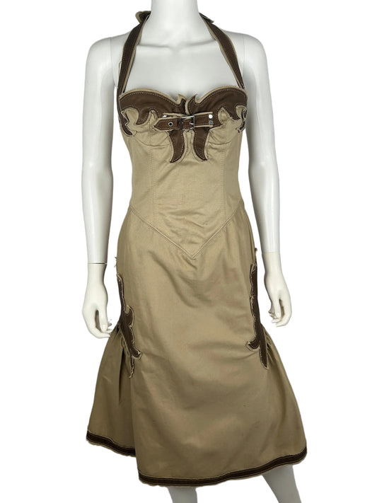 Beige dress with brown western detail on a mannequin