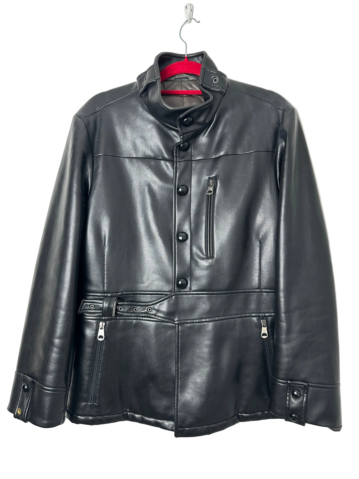 black leather jacket on a red hanger