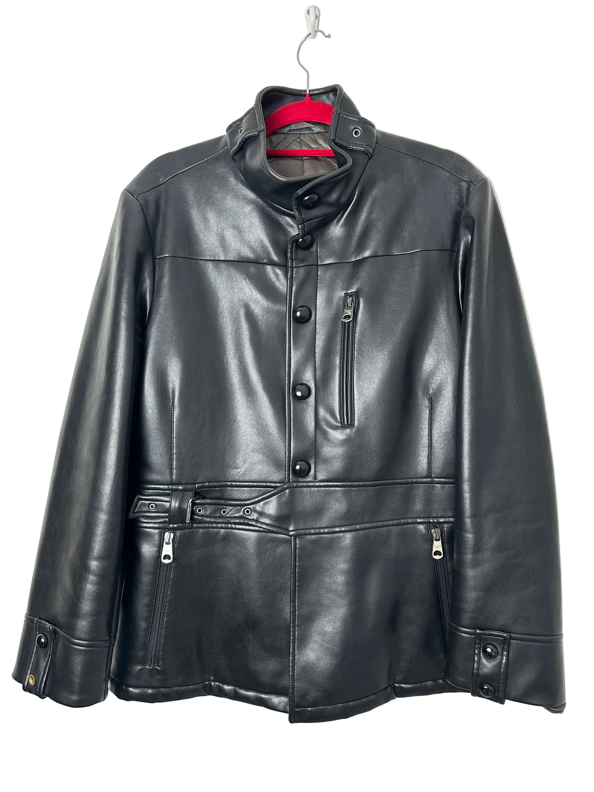 black leather jacket on a red hanger
