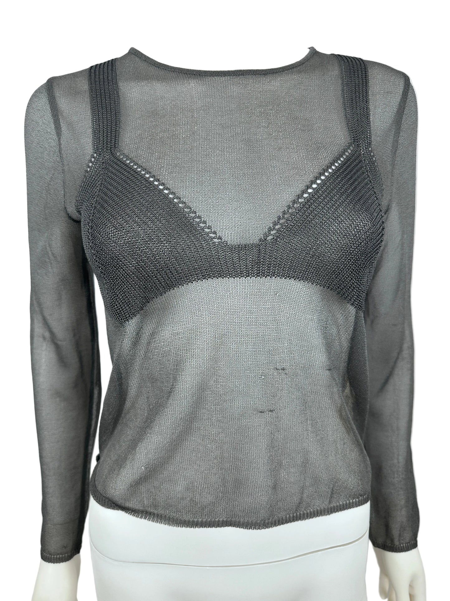 Gray mesh garment on a mannequin with a white background