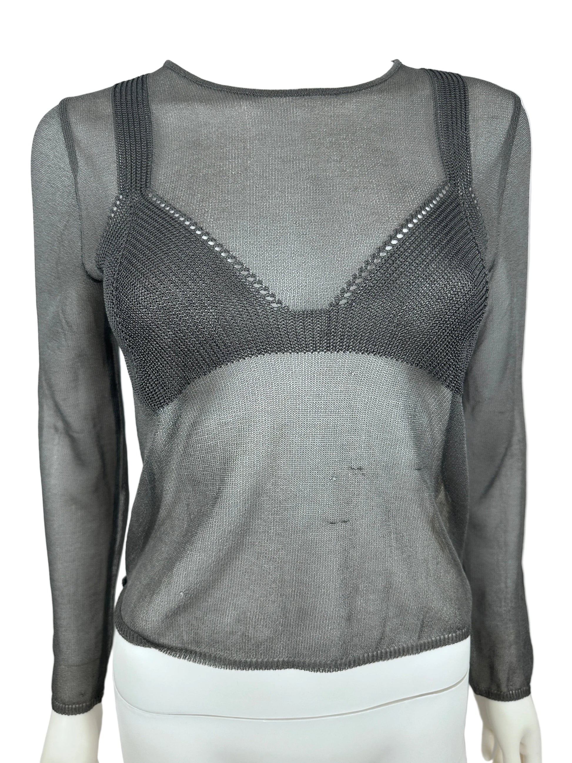 Gray mesh garment on a mannequin with a white background