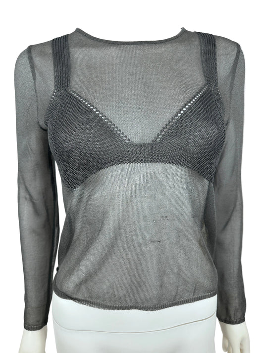 Gray mesh garment on a mannequin with a white background