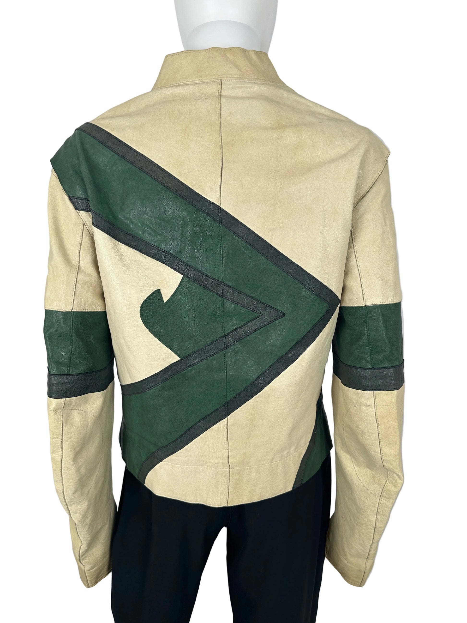 green and beige leather jacket with a logo on a white background