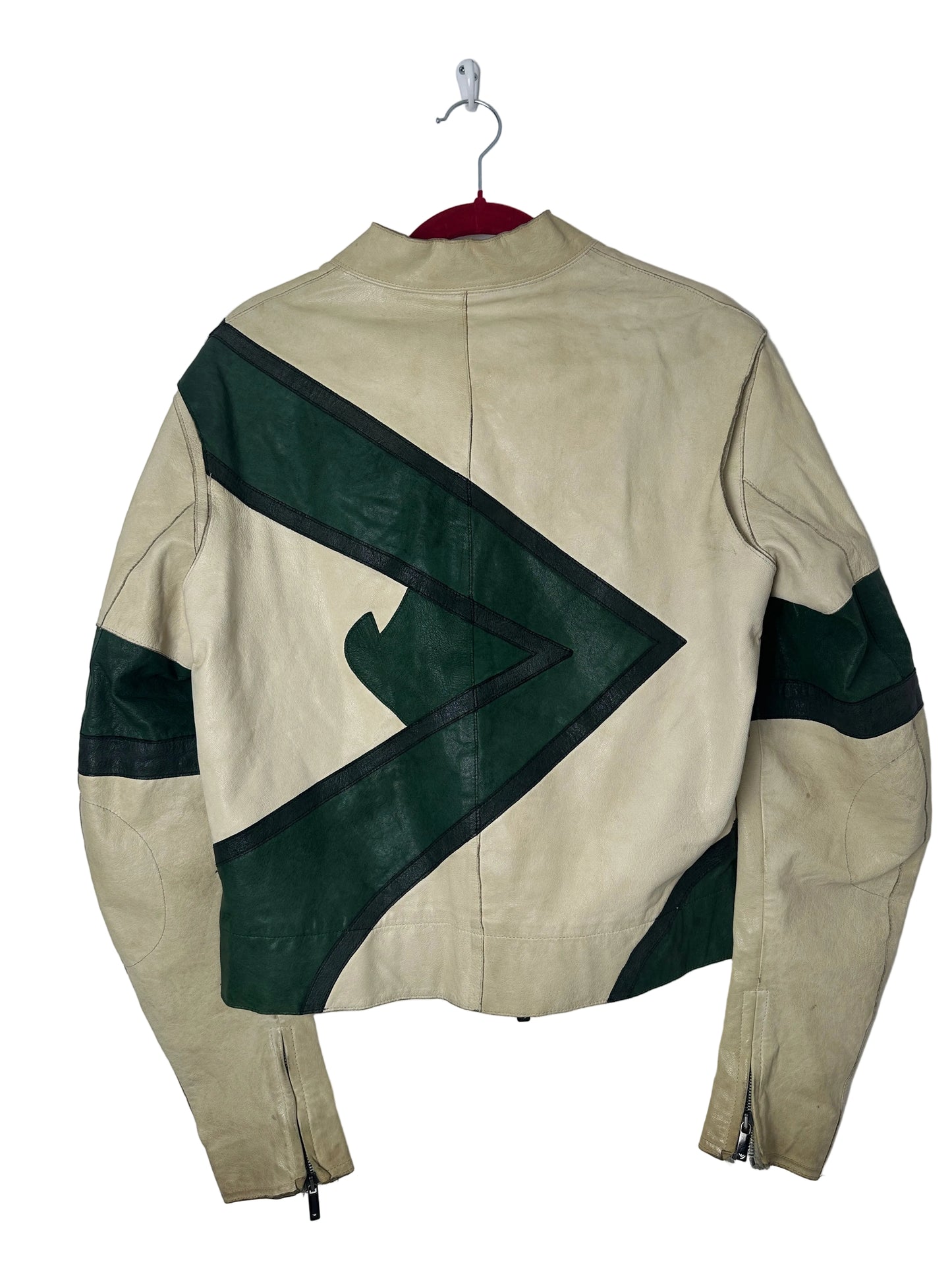 Beige jacket with green accents on a white background