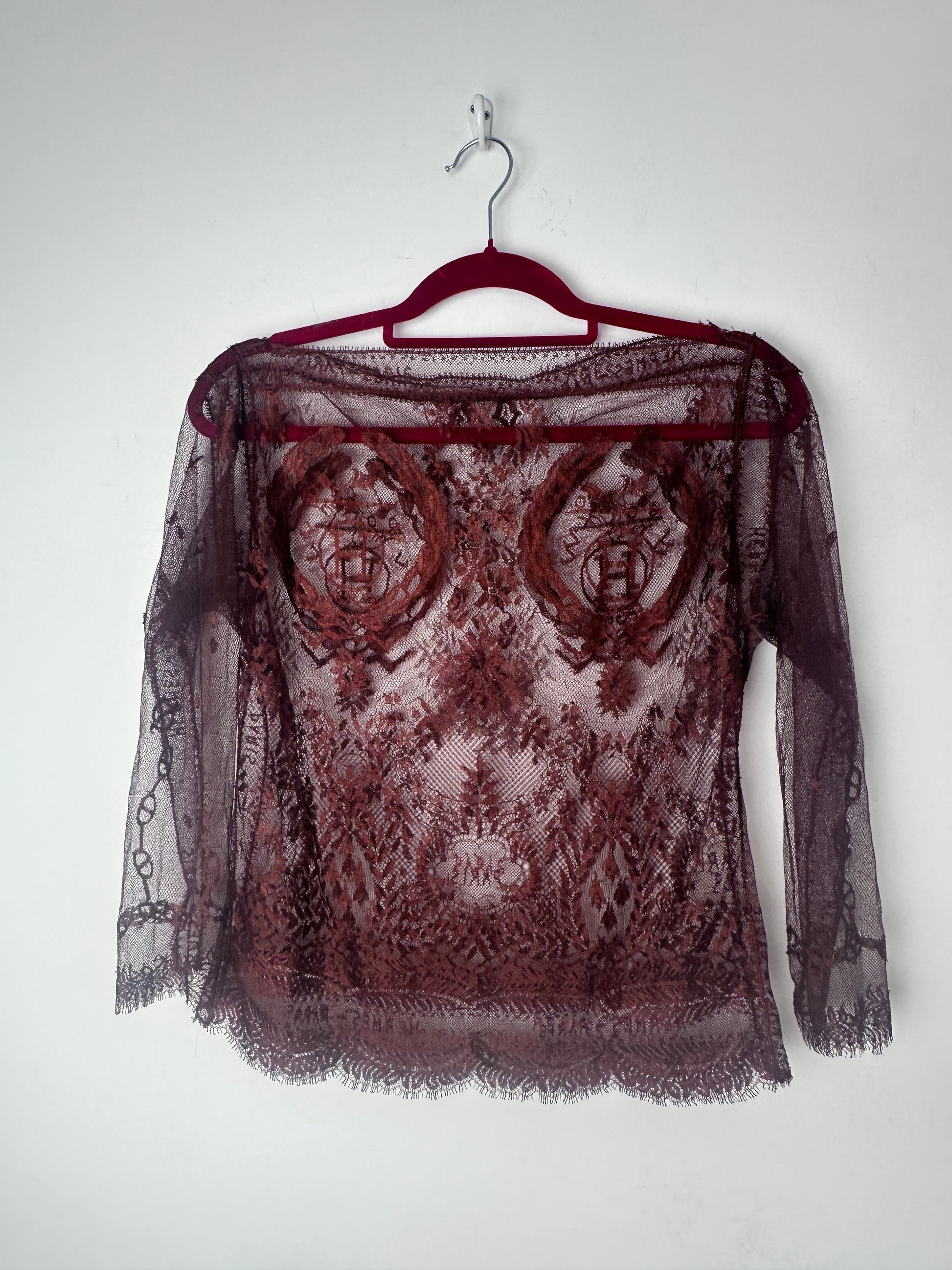 Intricate red lace top on a red hanger