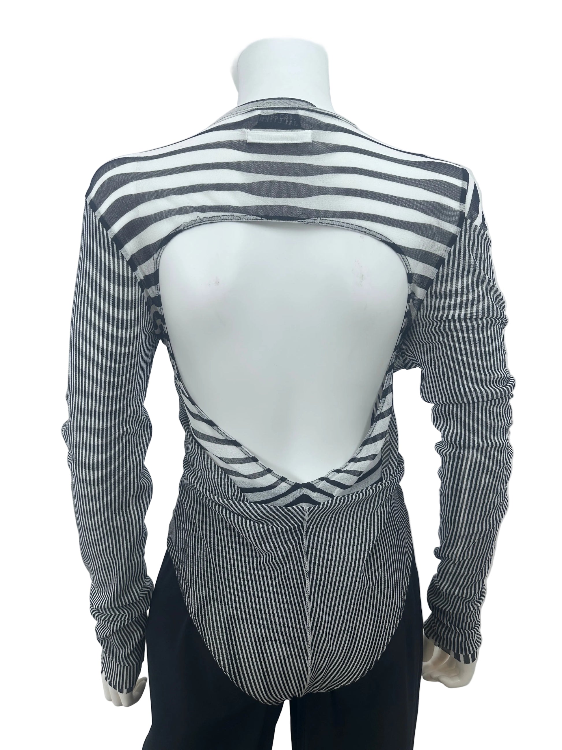 A long-sleeve top with black and white horizontal stripes, displayed on a white mannequin torso against a plain light background.