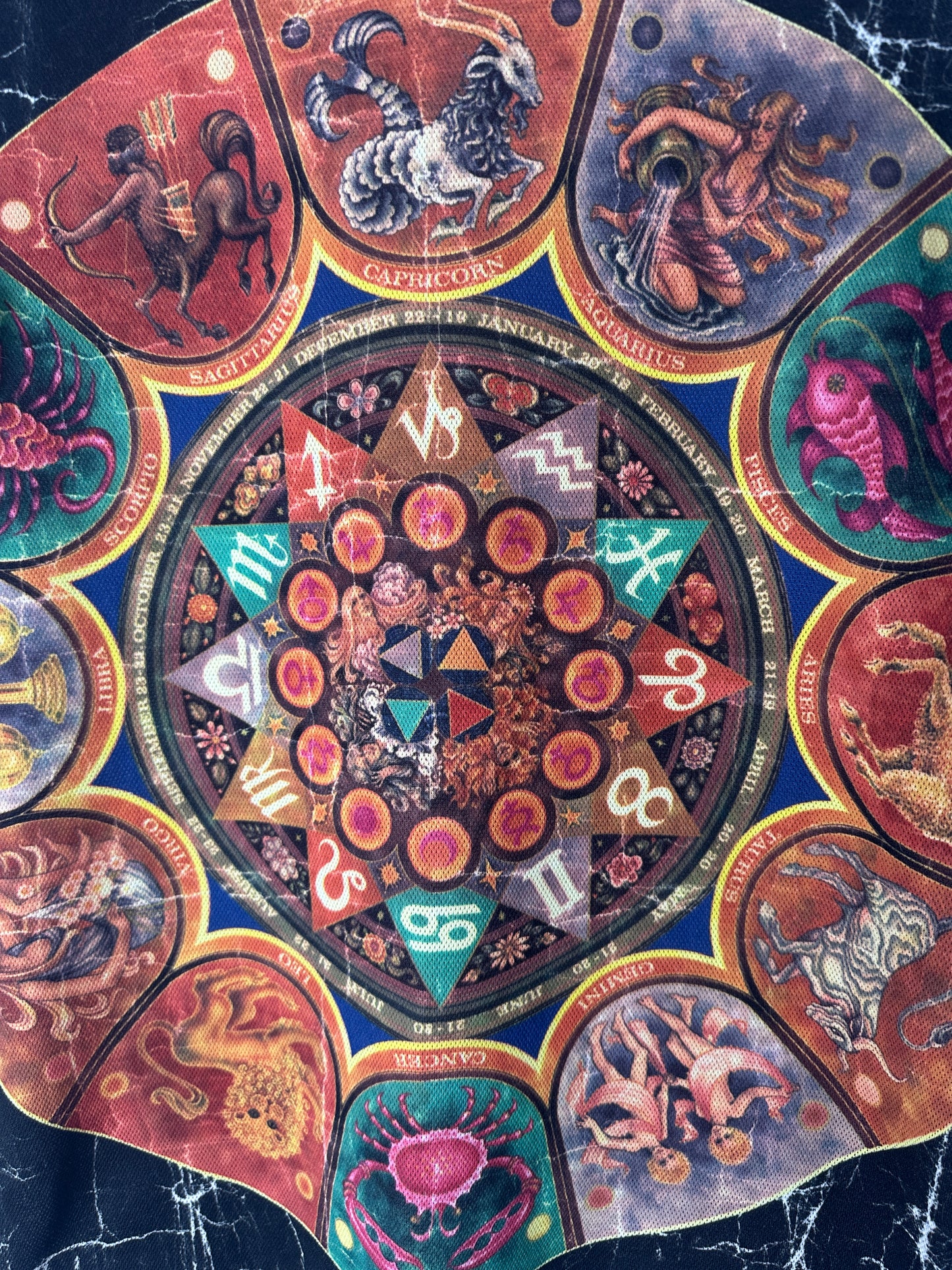 Decorative zodiac chart with colorful signs and symbols on a dark background