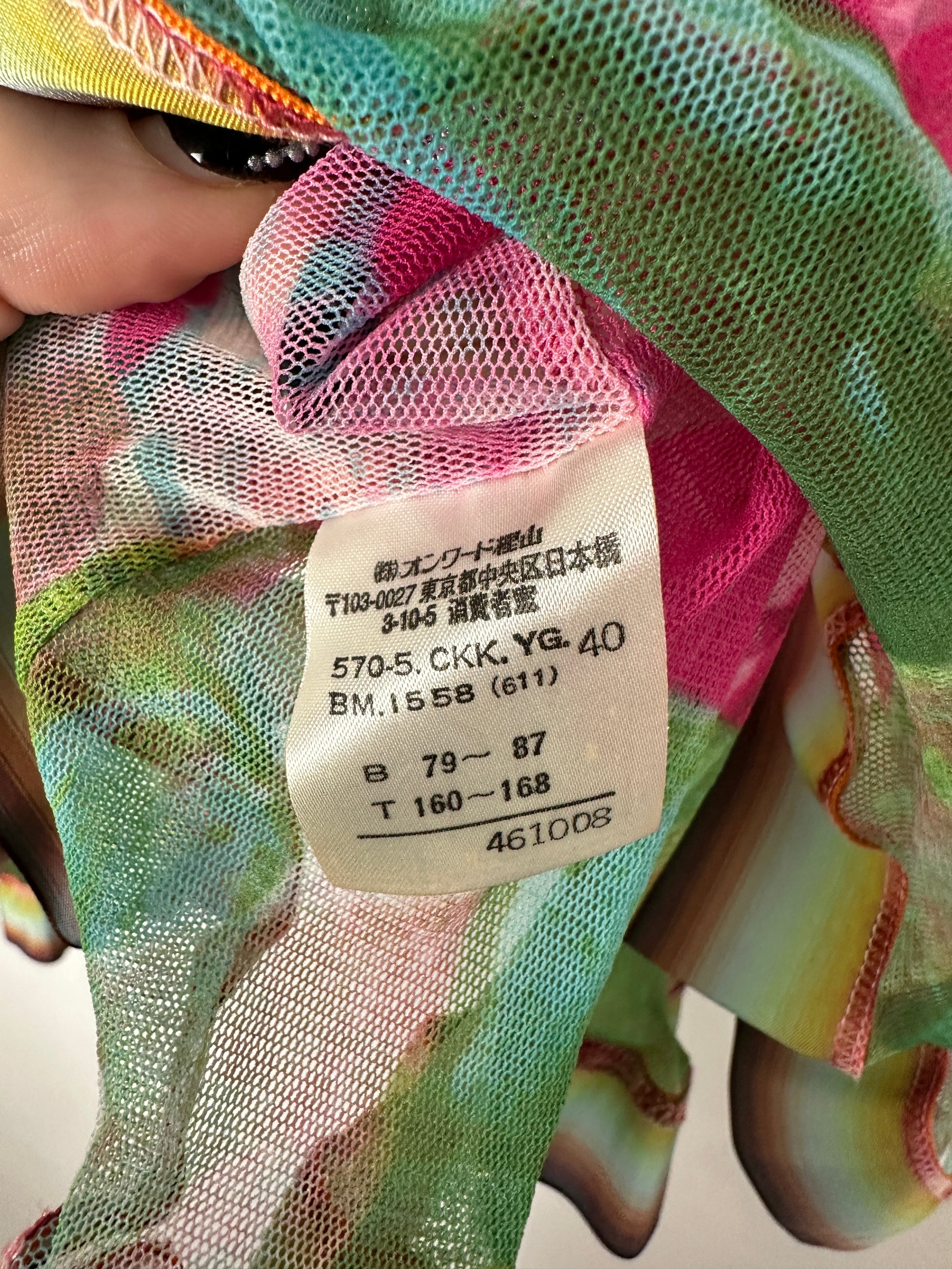 Multicolored mesh top with a label on a blurred background