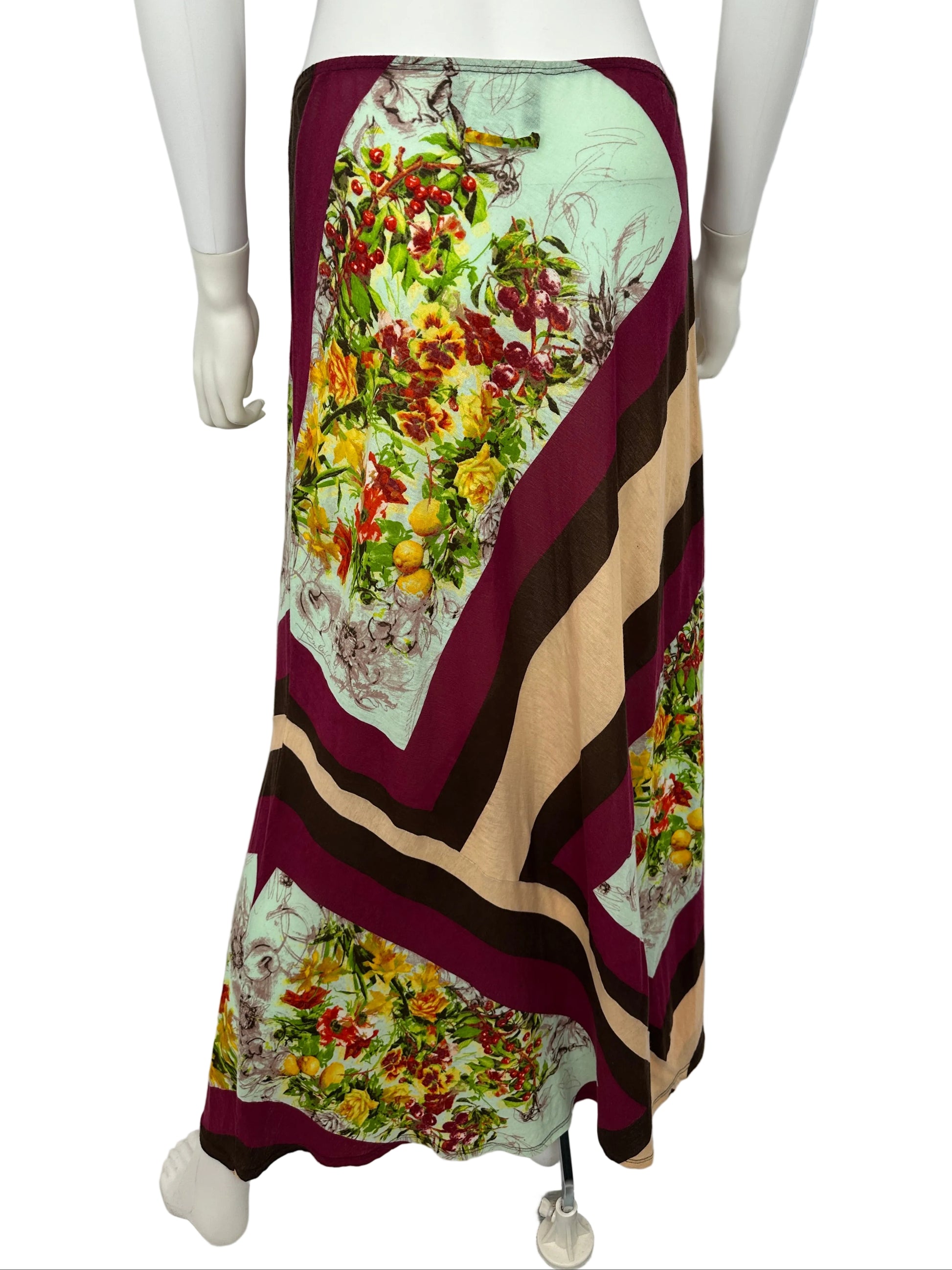 Floral-patterned skirt on a white mannequin with a white background