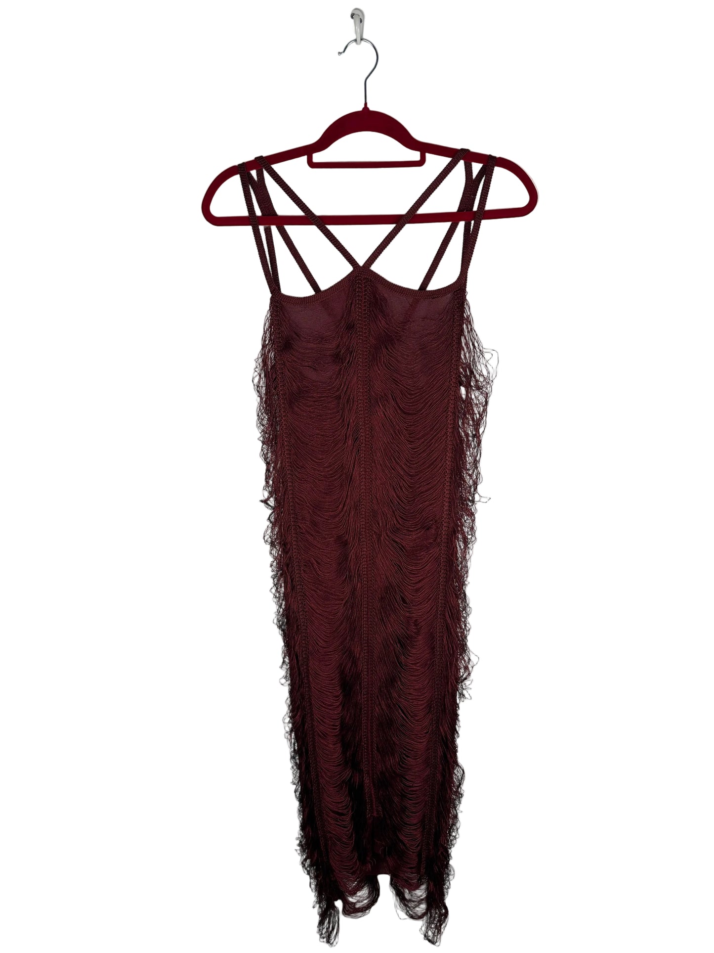 Maroon lace dress on a red hanger against a white background