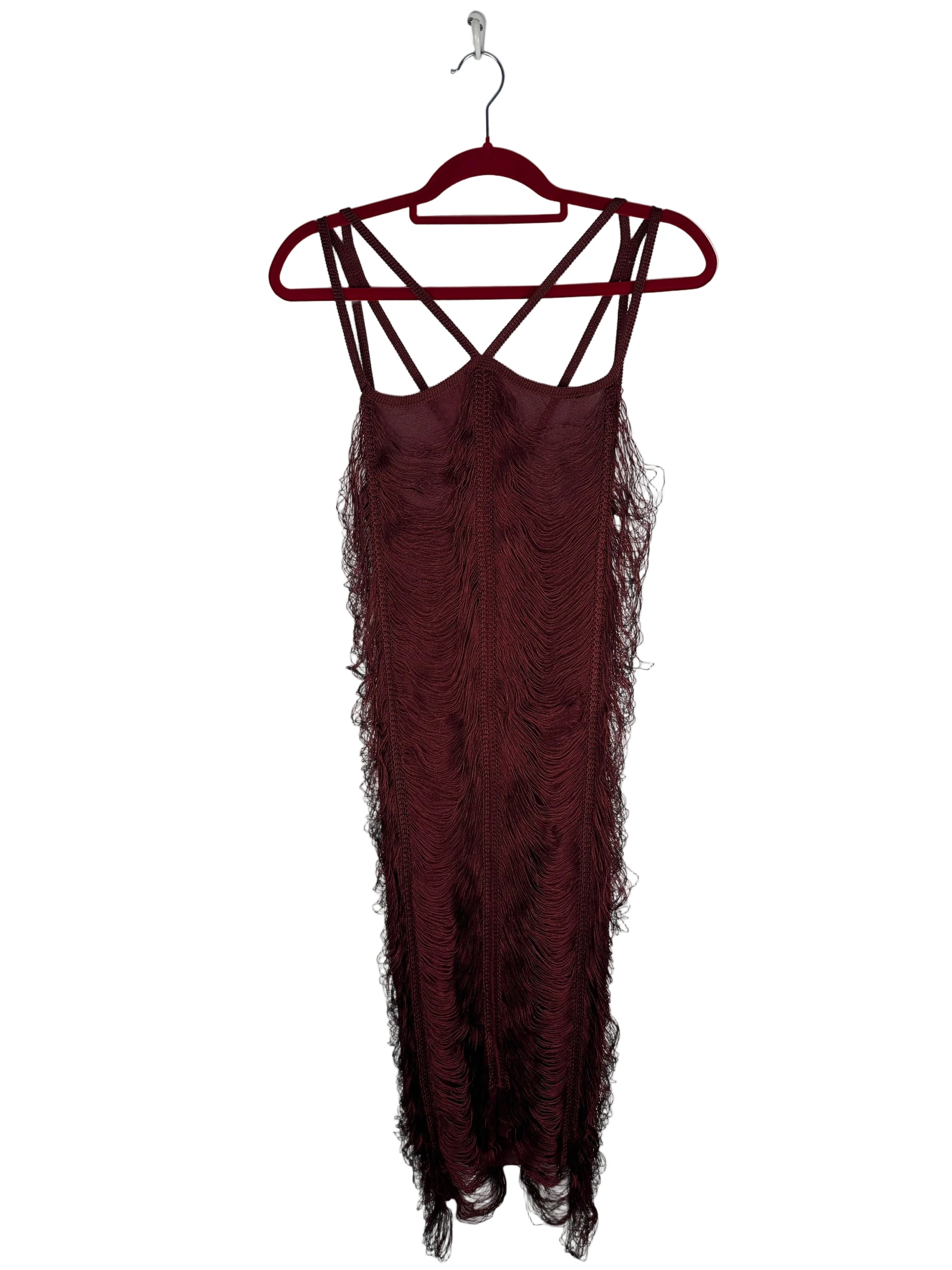 Maroon lace dress on a red hanger against a white background