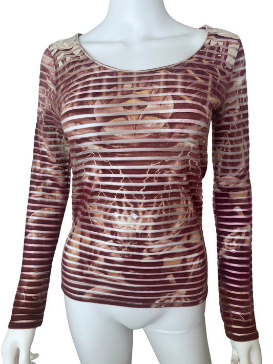 A long-sleeve scoop-neck top with a horizontal striped pattern in burgundy and beige, displayed on a white mannequin torso against a white background.