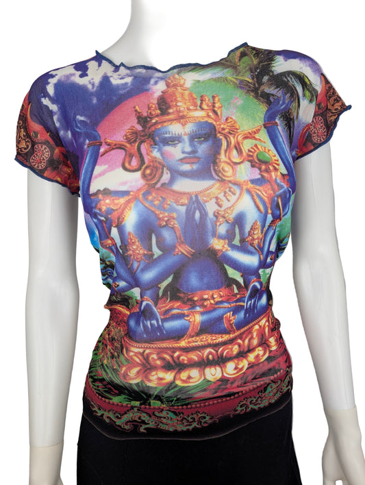 Colorful t-shirt with a graphic design of Goddess Shiva on a mannequin