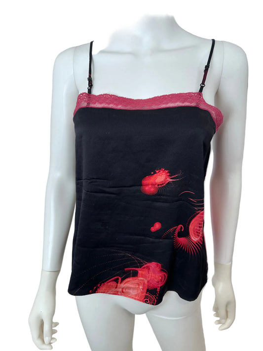 Jean paul gaultier printed silk cami top on a white mannequin