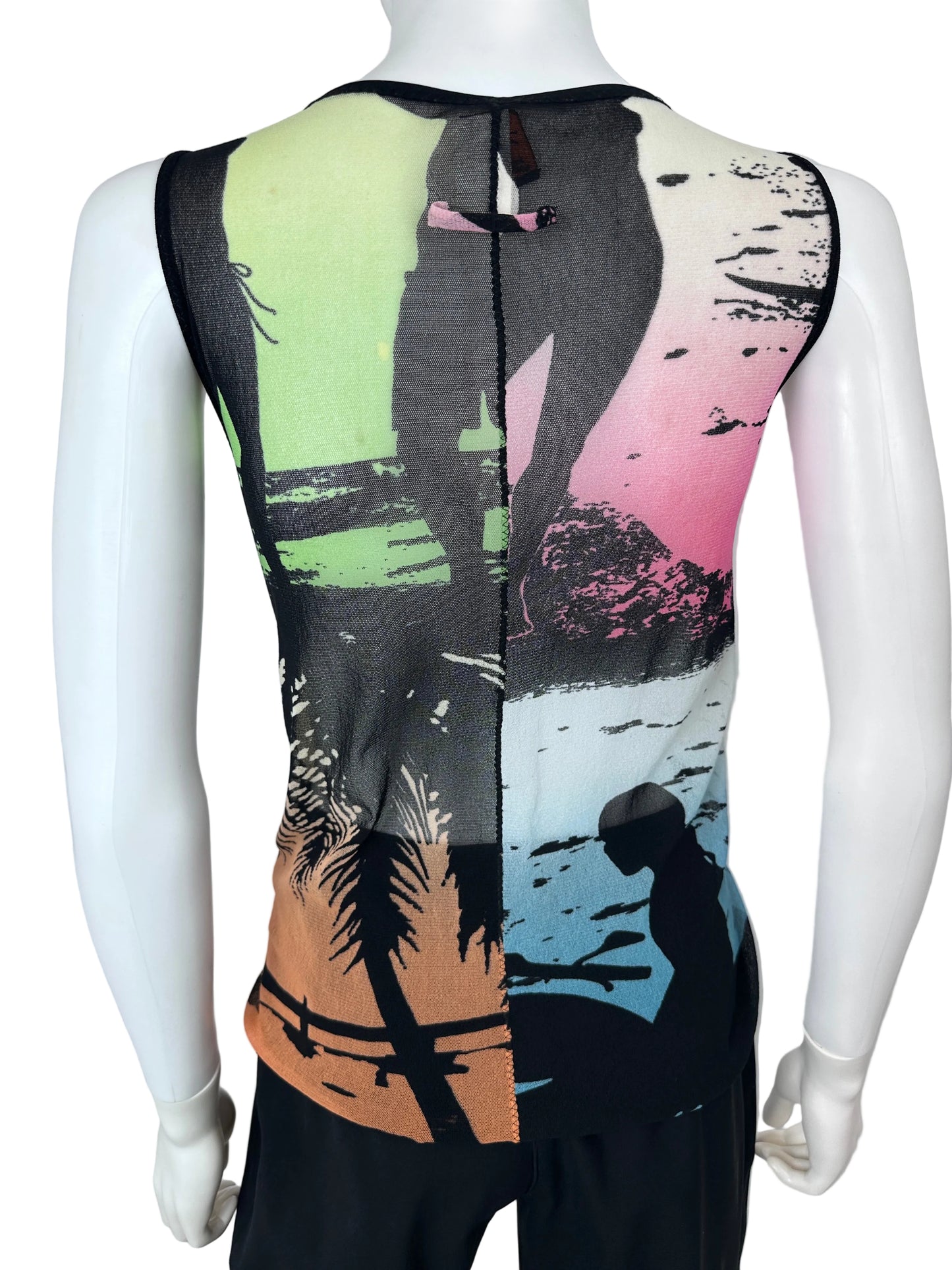 A sleeveless black mesh dress with a vibrant multicolor abstract landscape print, displayed on a white mannequin torso against a light gray background.