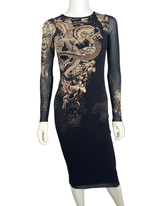 Black dress with gold dragon design on a mannequin against a gray background