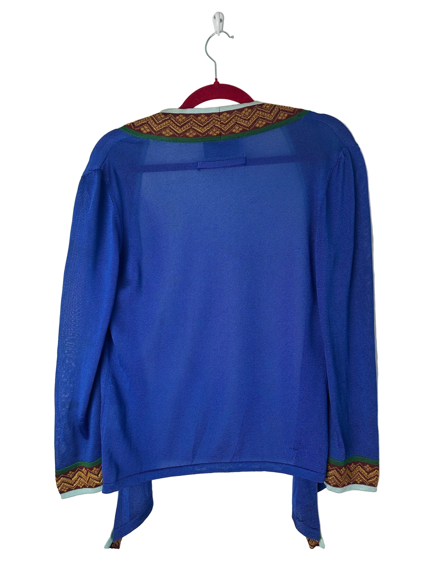 Blue garment with gold and red accents on a white background