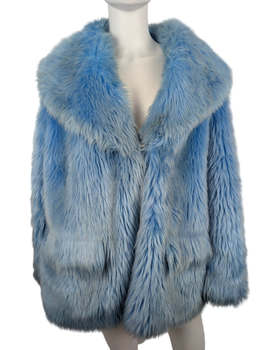 Blue fur coat on a mannequin against a white background