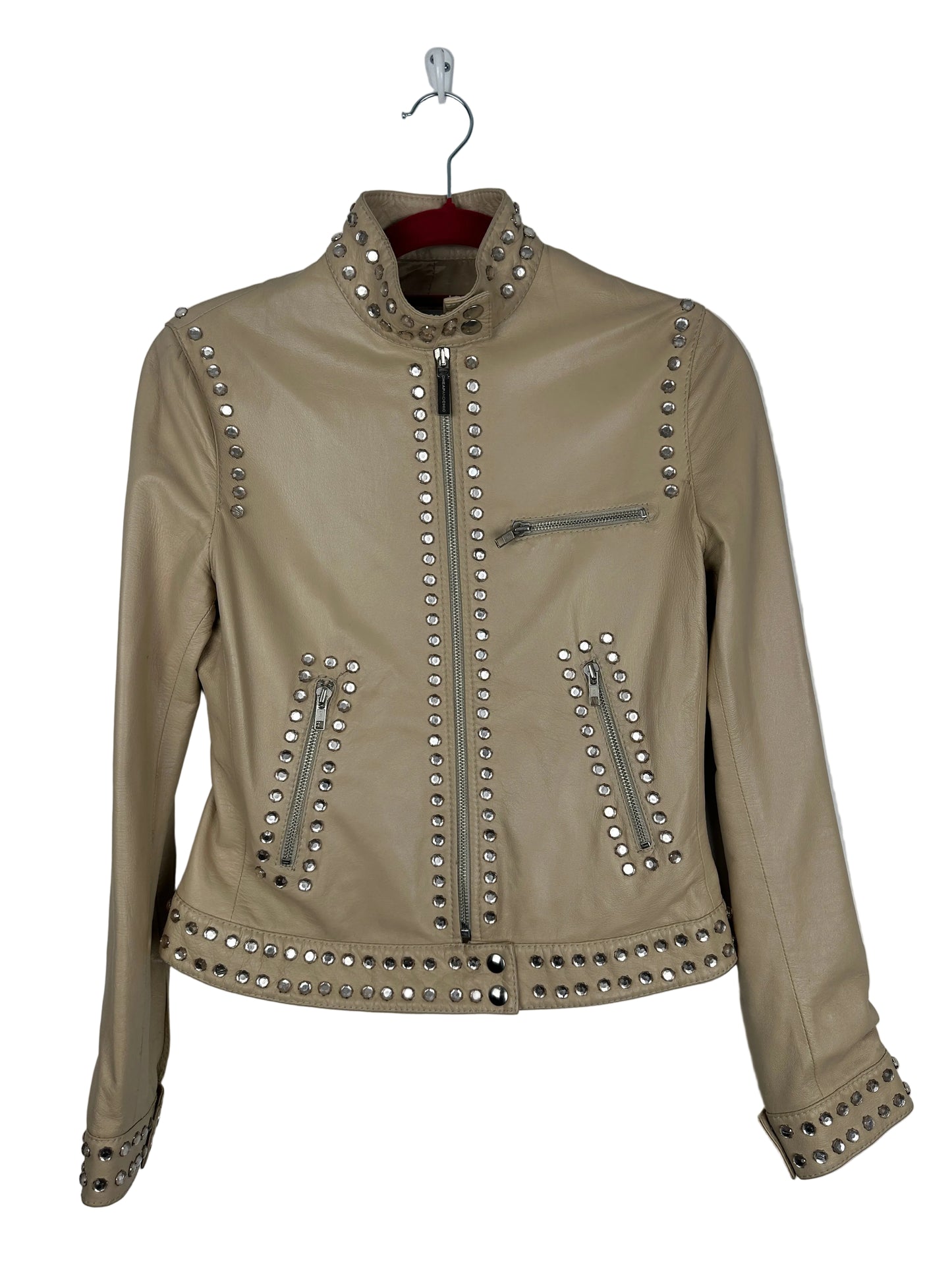 Beige leather jacket with studs on a white background