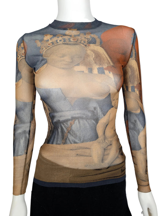 Mannequin wearing a long-sleeve shirt with a printed design of a classical painting.