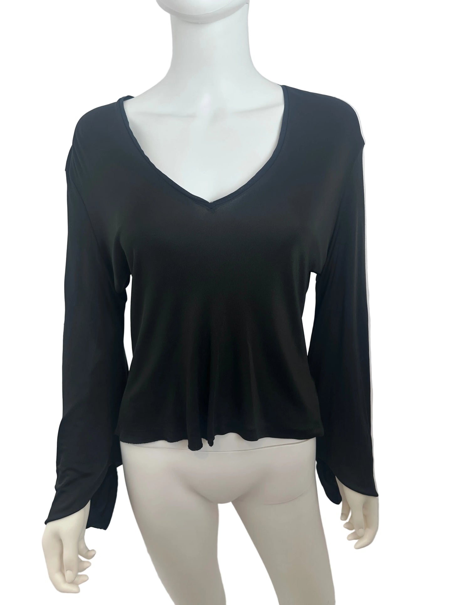 A black long-sleeve top displayed on a white mannequin torso against a plain light background.