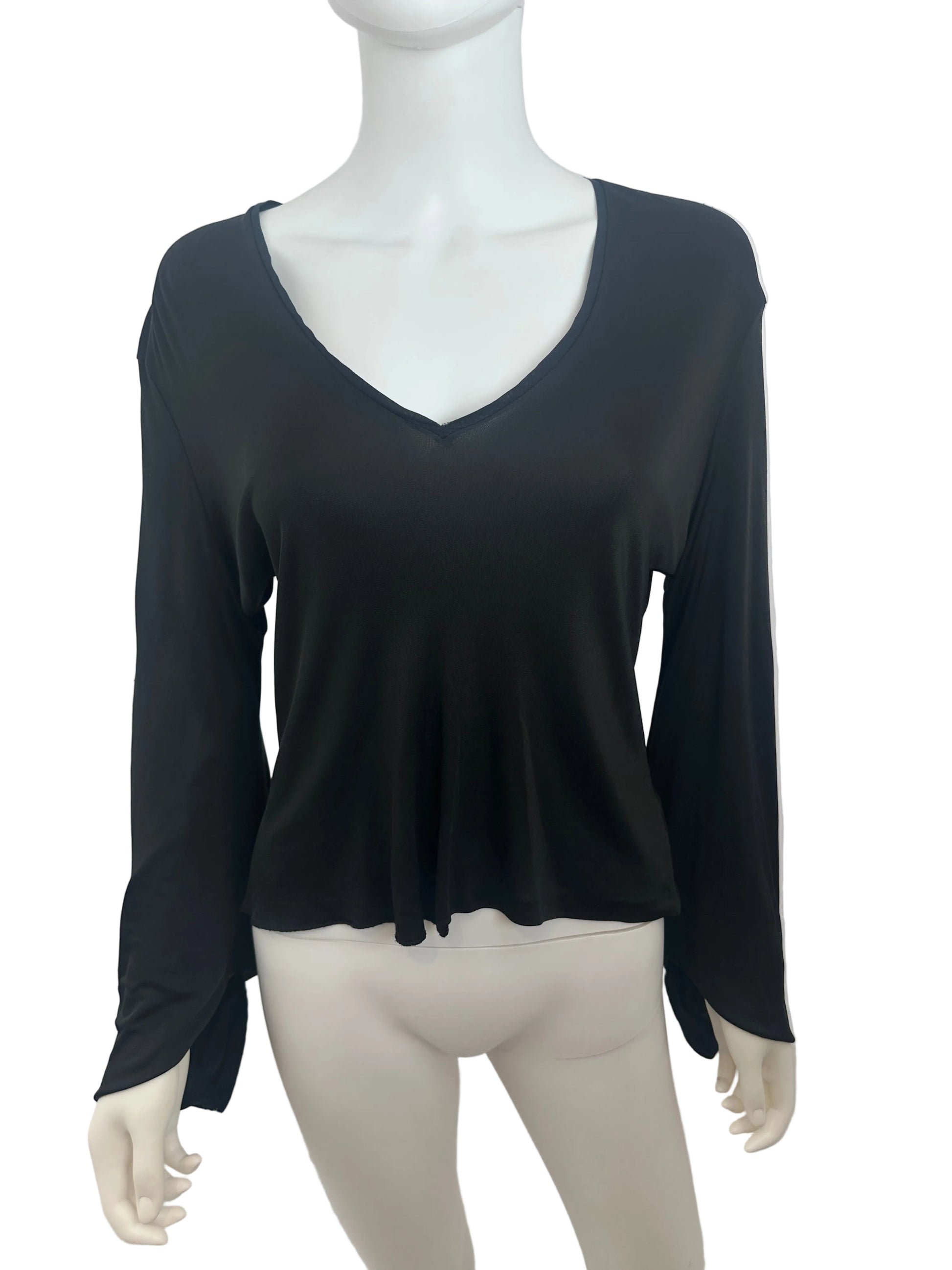 A black long-sleeve top displayed on a white mannequin torso against a plain light background.