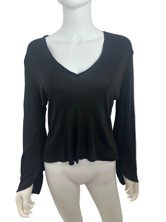 A black long-sleeve top displayed on a white mannequin torso against a plain light background.